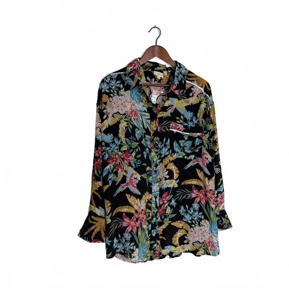 Elan Floral Parrot Print Button Down Top Rayon Shirt Bohemian Tropical NWT